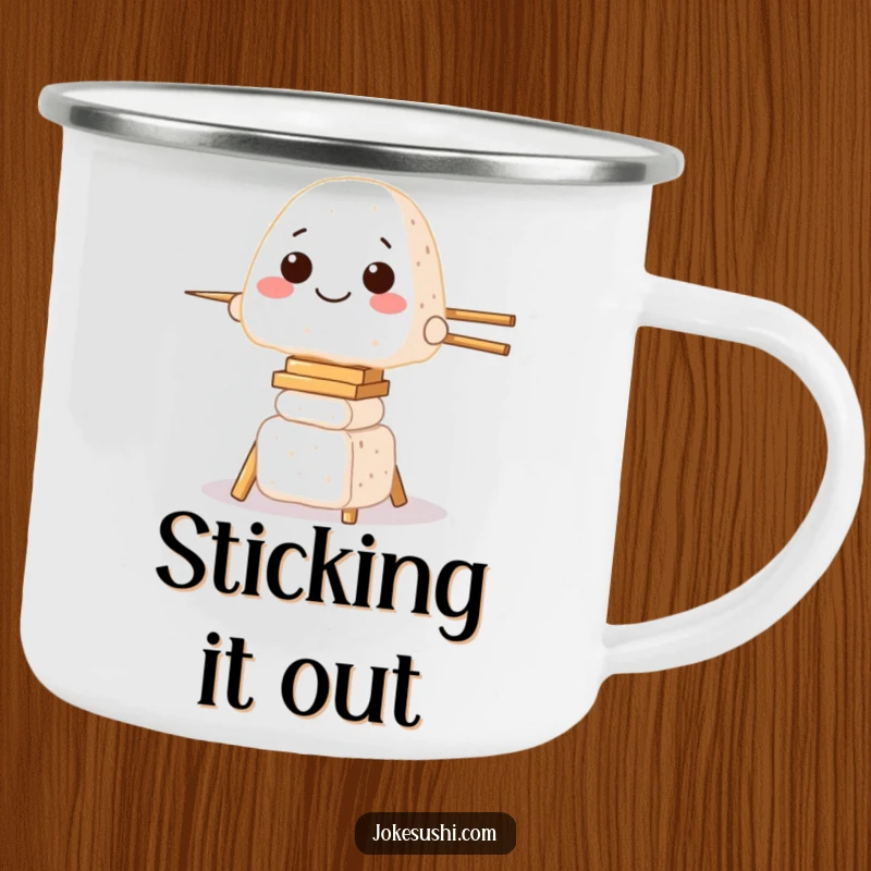 Funny camping mug with a grinning onigiri character balancing on a tower of chopsticks, perfect for outdoor humor.