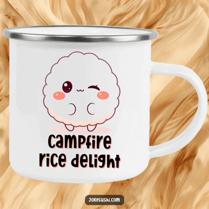 Funny enamel camping mug with a fluffy rice ball character winking playfully at the viewer, ideal for enjoying drinks outdoors with a smile.