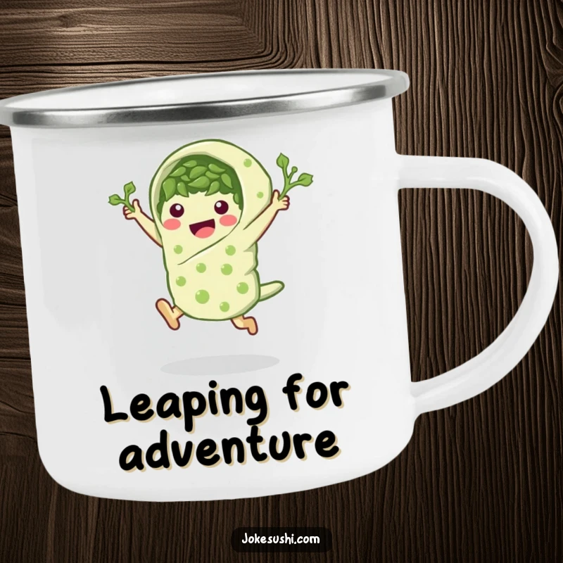 Funny seaweed wrap camping mug with a peppy character in a leaping pose, ideal for adventures.
