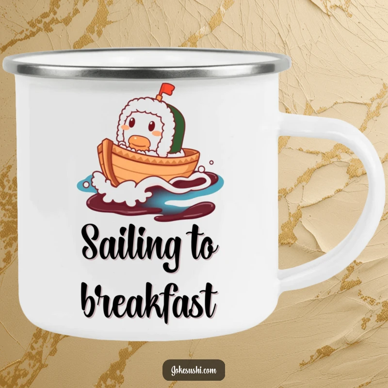 Funny Sushi Boat Camping Mug: A contented sushi boat character sailing on a soy sauce wave, durable and amusing.