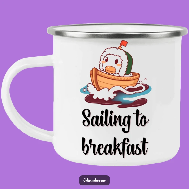 Funny Sushi Boat Camping Mug: Contented Character on Soy Sauce Wave, Outdoor Gift!