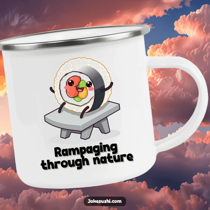 Funny camping mug with a sushi roll character with legs gleefully sliding down a ramp, bringing a playful and humorous vibe to outdoor trips.