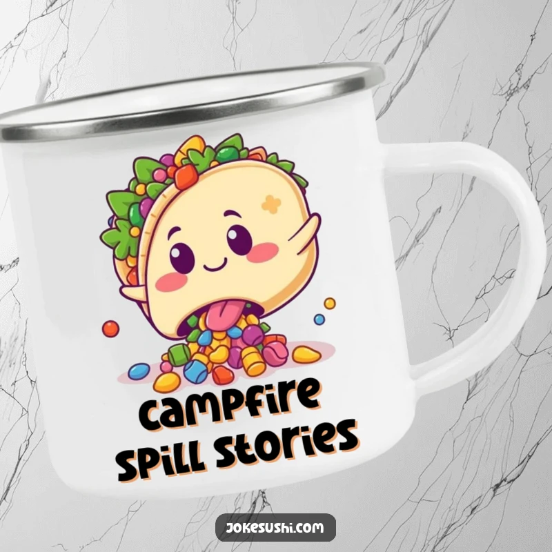 Funny enamel camping mug with a kawaii taco character playfully tripping, spilling colorful fillings with a surprised grin, durable for outdoor use.