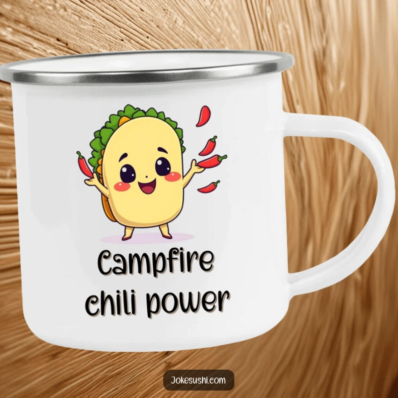 Funny Camping Mug: A happy taco character juggling chili peppers, ready for outdoor fun, a durable and funny gift.