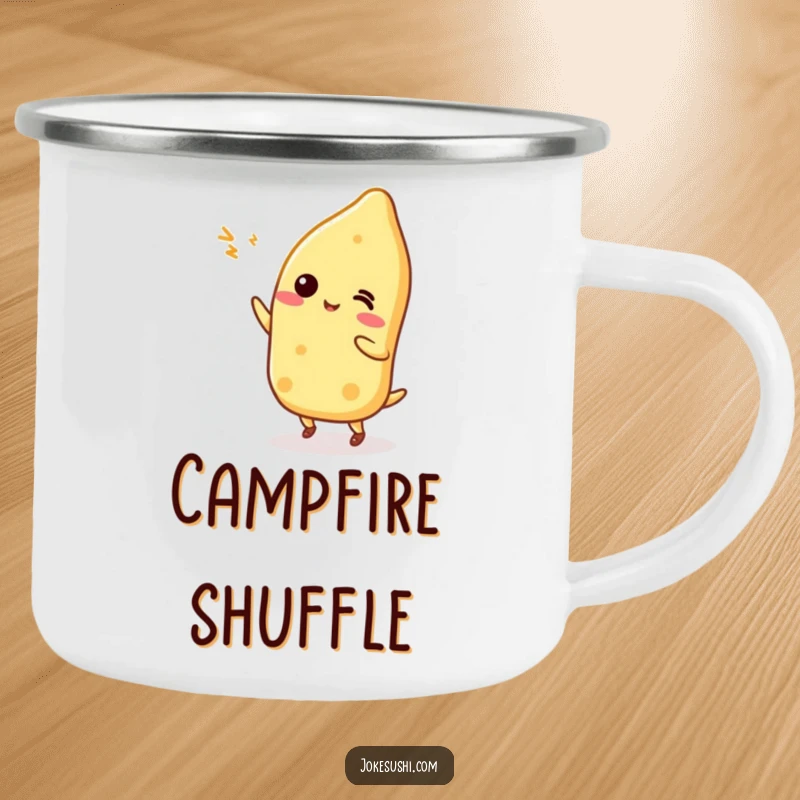 Funny Tamagoyaki character doing a silly dance on a durable enamel camping mug, ready for campfire parties.