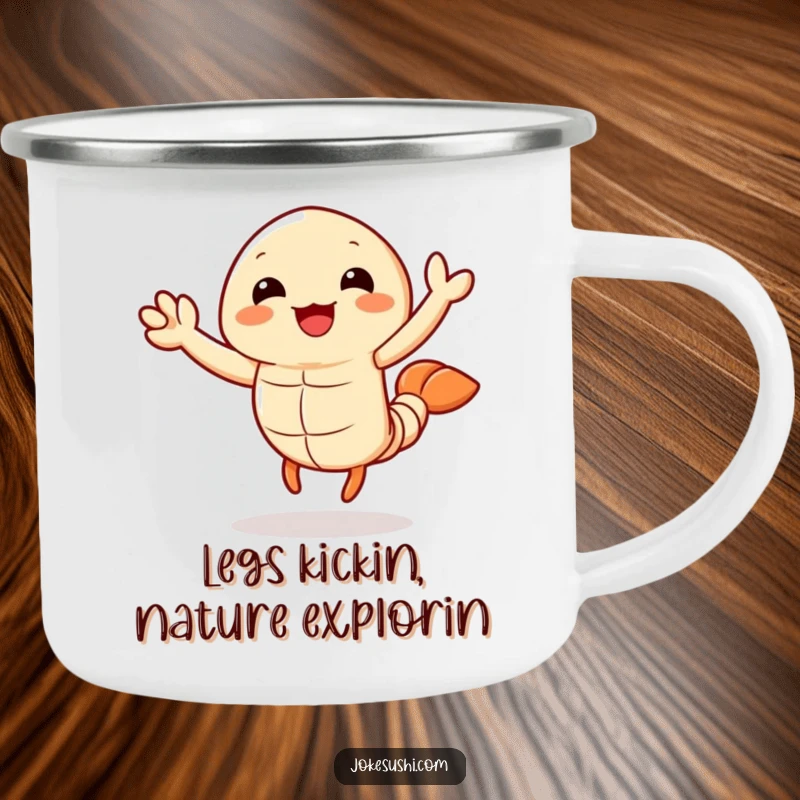 Funny tempura shrimp camping mug with a cheerful character waving its legs, designed for rugged outdoor use and humorous enjoyment.