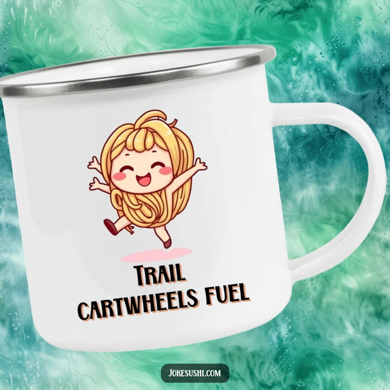 Funny camping mug featuring a smiling udon noodle character performing a cartwheel, perfect for enjoying drinks outdoors.