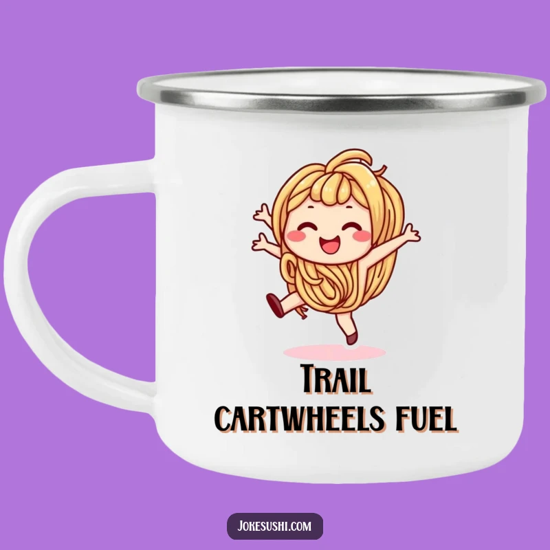 Funny Udon Noodle Cartwheel Camping Mug: Adventure Fuel, Smiling Character, Outdoor Gift