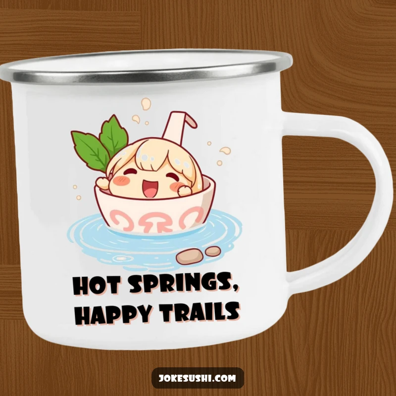 Funny camping mug featuring a delighted ramen bowl character splashing in a hot spring, durable for adventures and humorous enjoyment.