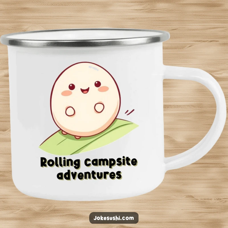Funny Mochi Camping Mug: Smiling mochi character rolling happily down a gentle slope, great for outdoor drinks and adding funny, smooth vibes.