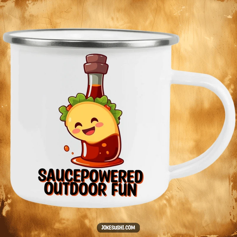 Funny camping mug showing a grinning taco character sliding down a soy sauce bottle, robust and humorous for outdoor use.
