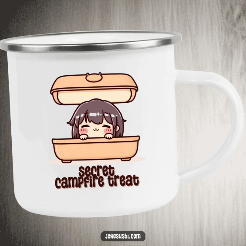 Funny camping mug with a blushing bento box character peeking out, perfect for cute outdoor enthusiasts.
