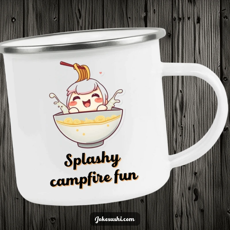 Funny ramen bowl camping mug, a character splashing playfully in broth, perfect for outdoor fun and humorous beverages.