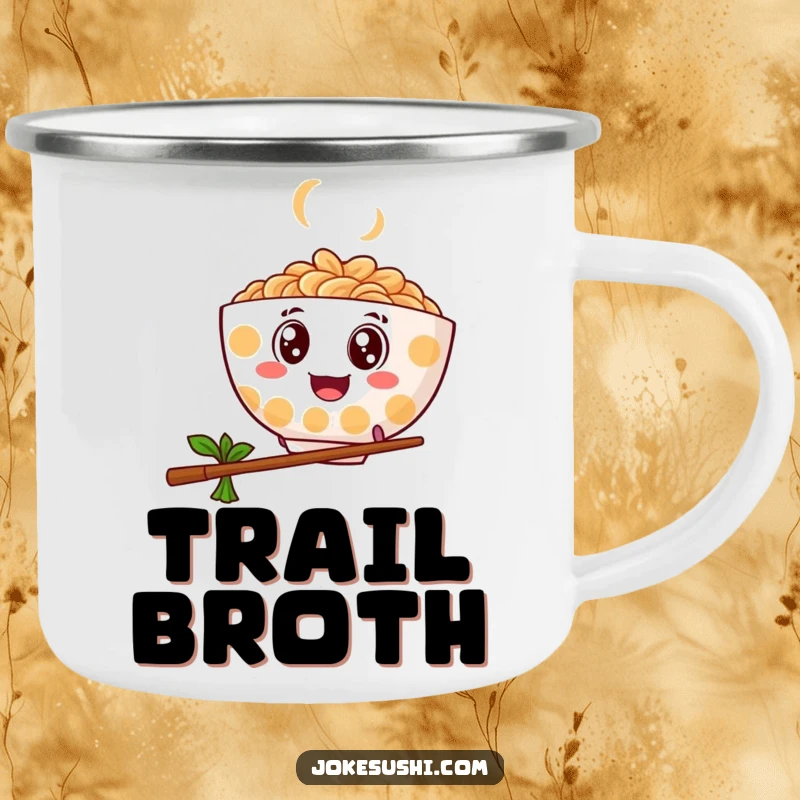 Funny camping mug featuring a ramen bowl with googly eyes bouncing and leaping over a chopstick, great for outdoor fun.