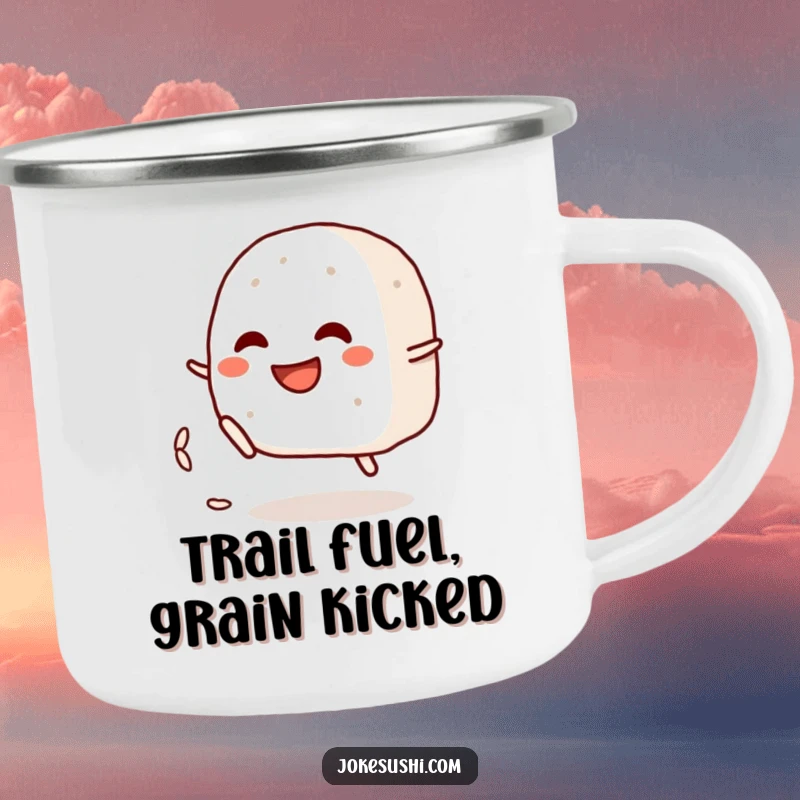 Funny camping mug showing a grinning onigiri character playfully kicking a rice grain, durable and humorous for outdoor use.
