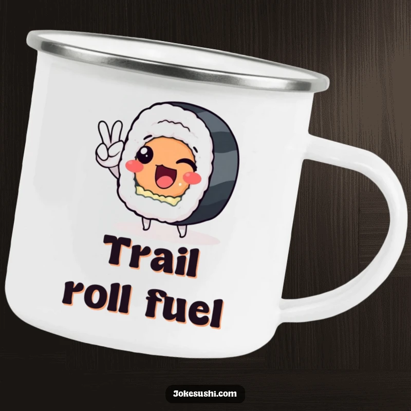 Funny sushi roll character with a peace sign, on a durable camping mug, great for outdoor humor.