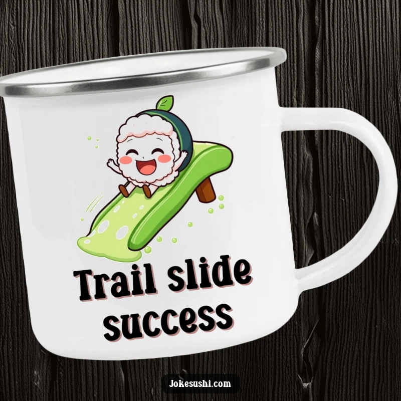 Funny Camping Mug featuring a sushi character sliding gleefully down a green tea slide, perfect for outdoor enjoyment.