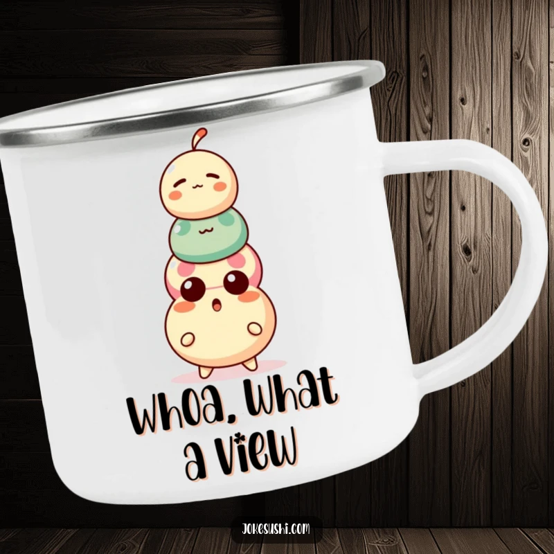 Funny Dango Camping Mug: A surprised dango character balancing on a precariously stacked three-ball treat, durable and amusing.