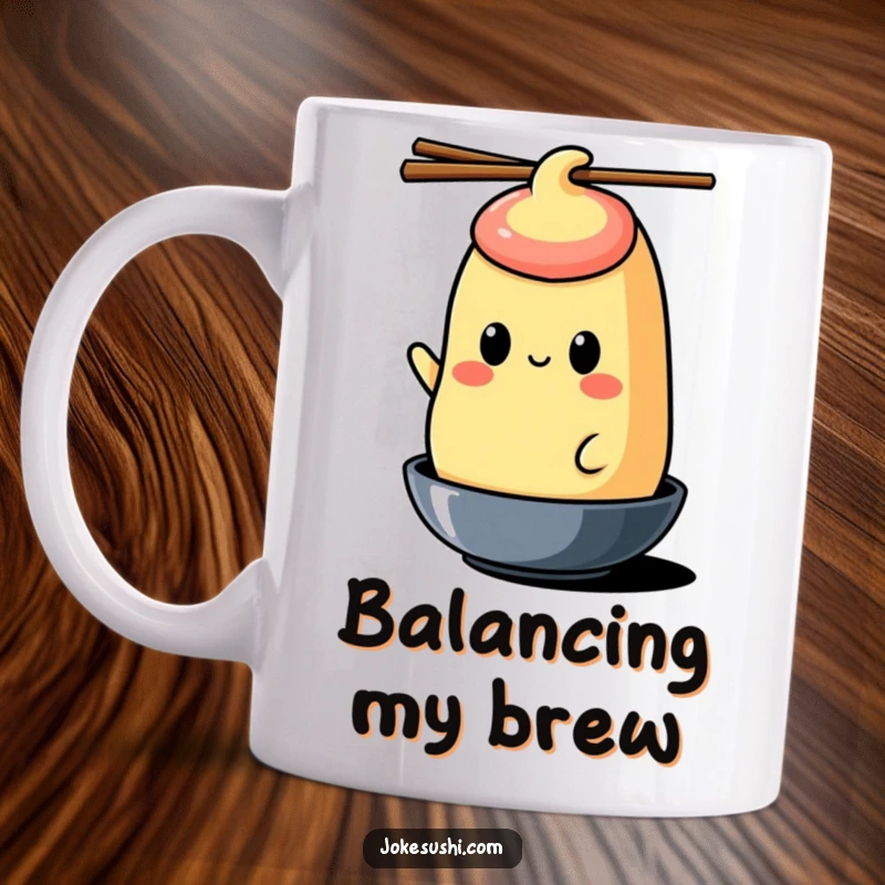 Funny tamagoyaki mug featuring a cheerful character balancing chopsticks on its head, a humorous foodie gift.