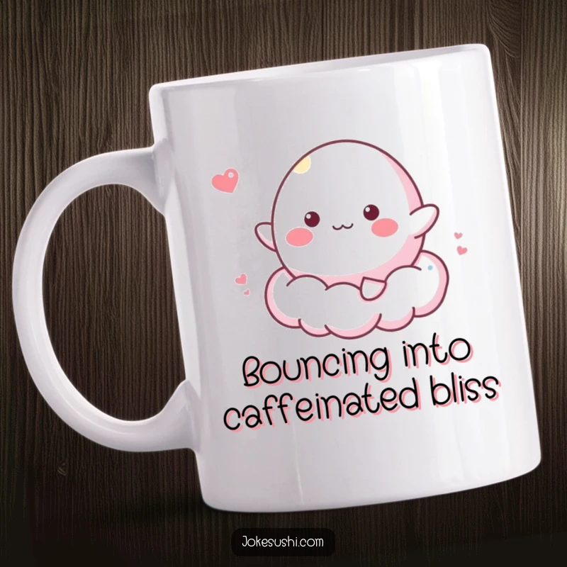 Funny mug featuring a cheerful mochi character happily bouncing on a fluffy white cloud, symbolizing sweet happiness.