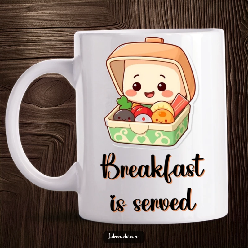 Funny mug of a grinning bento box character popping open to reveal smiling food items, delightful surprise.