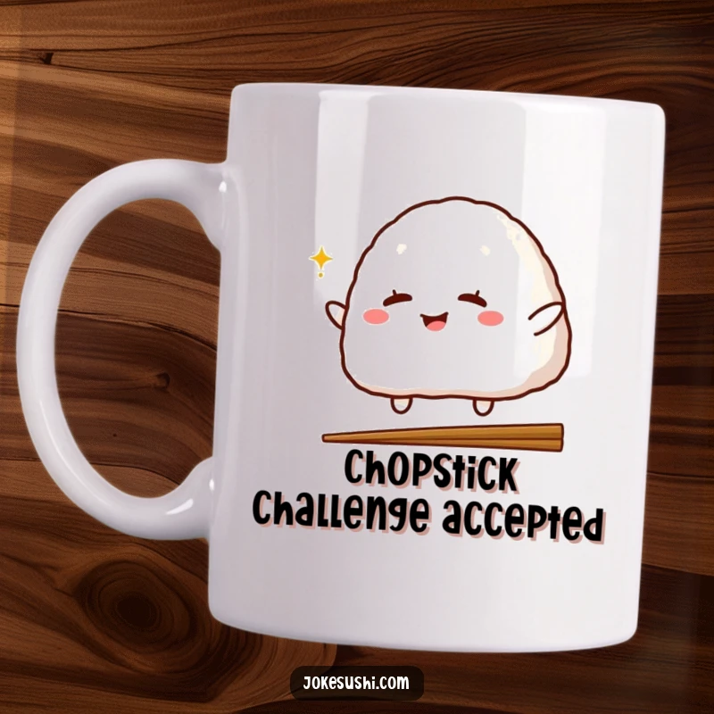 Funny mug featuring a cheerful onigiri character winking as it jumps over a chopstick, embodying playful mischief and delicious humor.