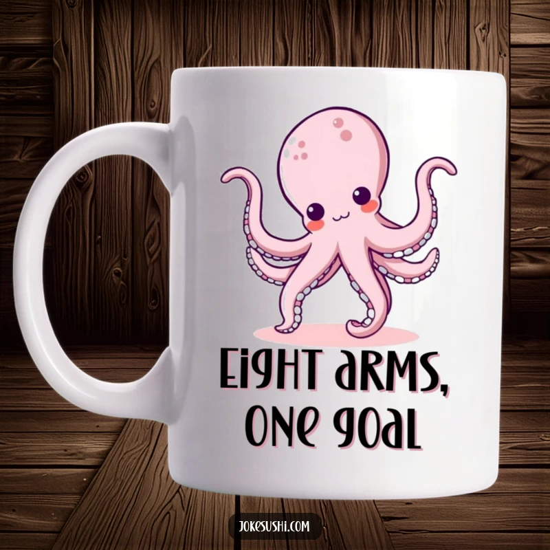 Funny kawaii octopus character energetically doing a cartwheel with bouncy tentacles, a hilarious and cute design for mugs.