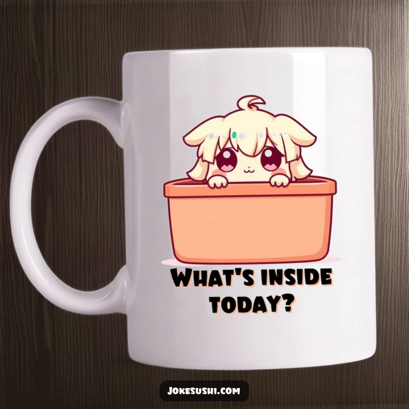 Funny bento box mug, a cute character peeking from under the lid with big, surprised eyes.