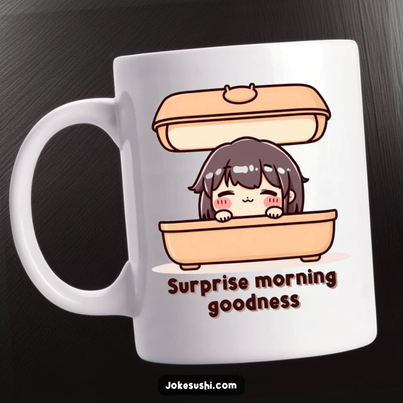 Funny mug featuring a cute, blushing bento box character shyly peeking from under its lid, perfect for lunch lovers.