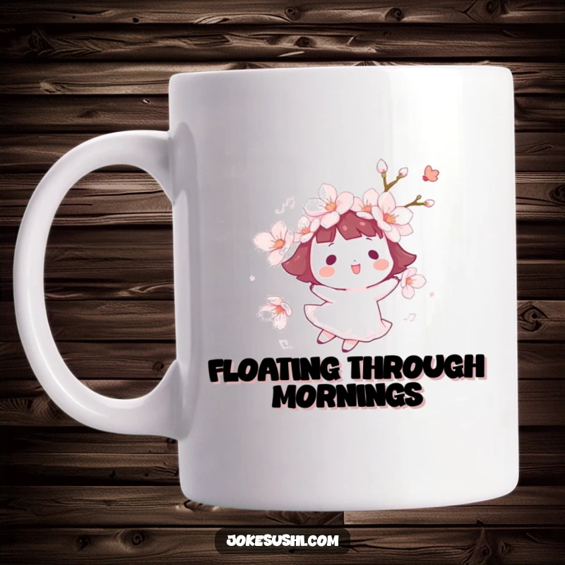 Funny cherry blossom mug featuring a cheerful character happily floating on a gentle breeze, embodying peace and lightheartedness.