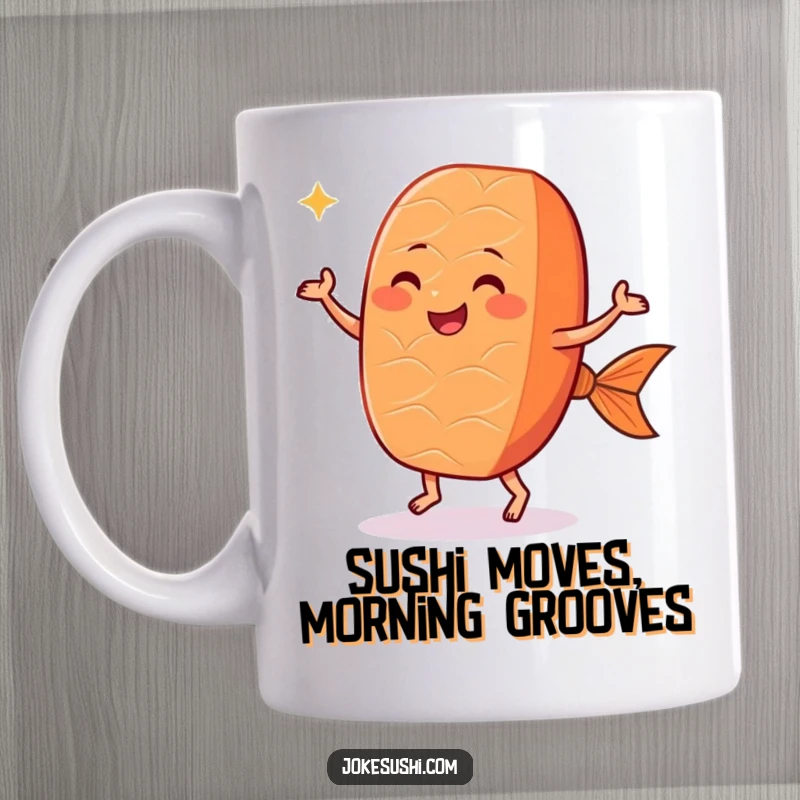 Funny salmon nigiri mug featuring a smiling sushi piece with tiny feet doing a happy dance, perfect for food lovers.
