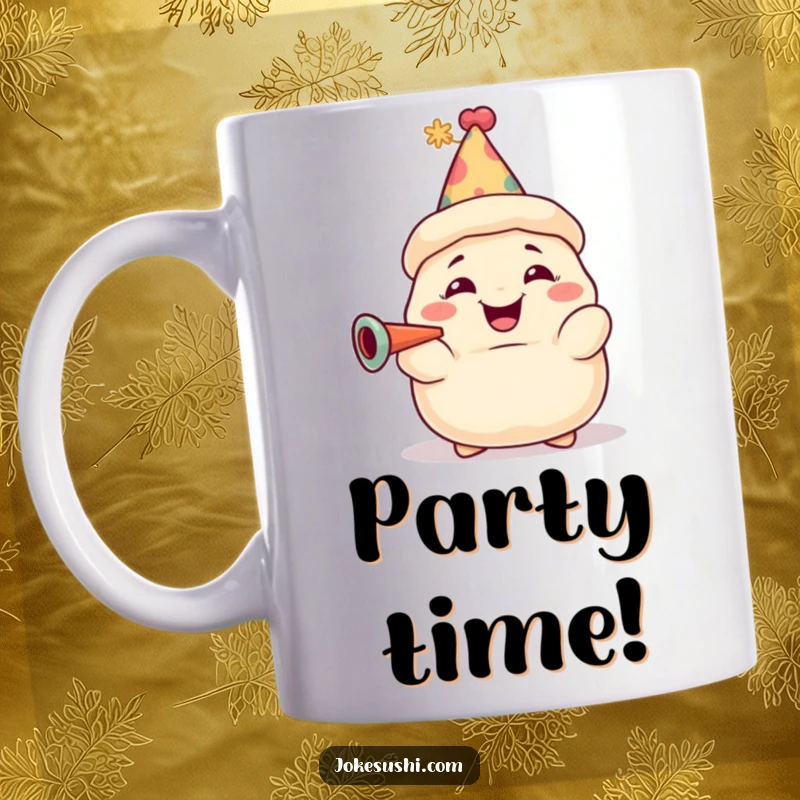 Funny dumpling mug character with a party hat, grinning and blowing a horn, radiating festive cheer. A fun and celebratory drinkware.