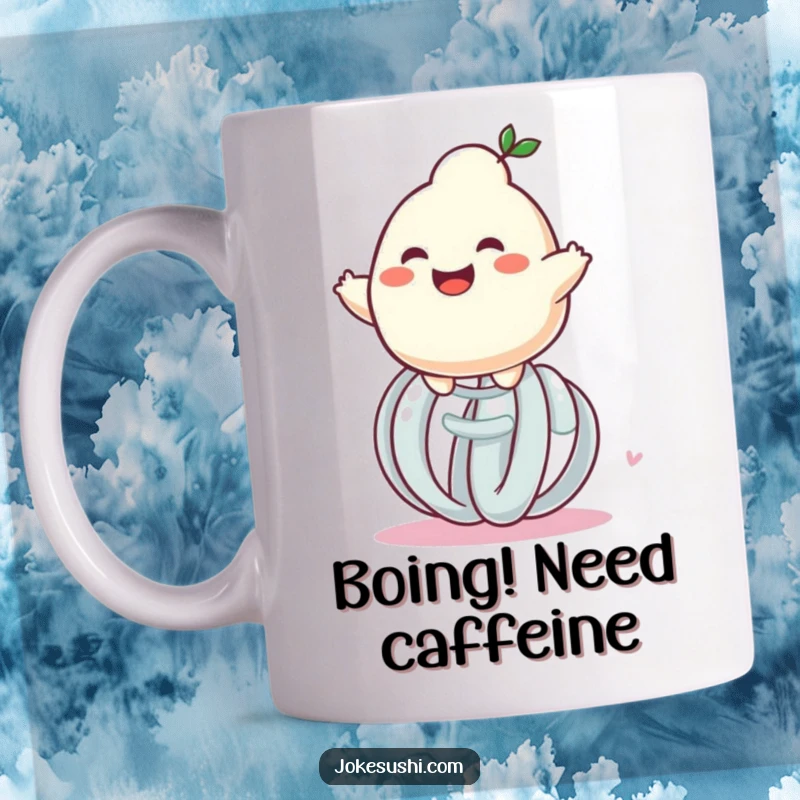 Funny grinning dumpling character joyfully bouncing high on a giant spring, a hilarious and cute design for mugs.