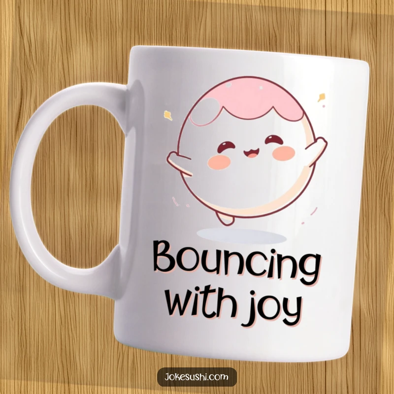 Funny mochi character mug, depicted as a happy, round ball bouncing enthusiastically with a joyful expression.