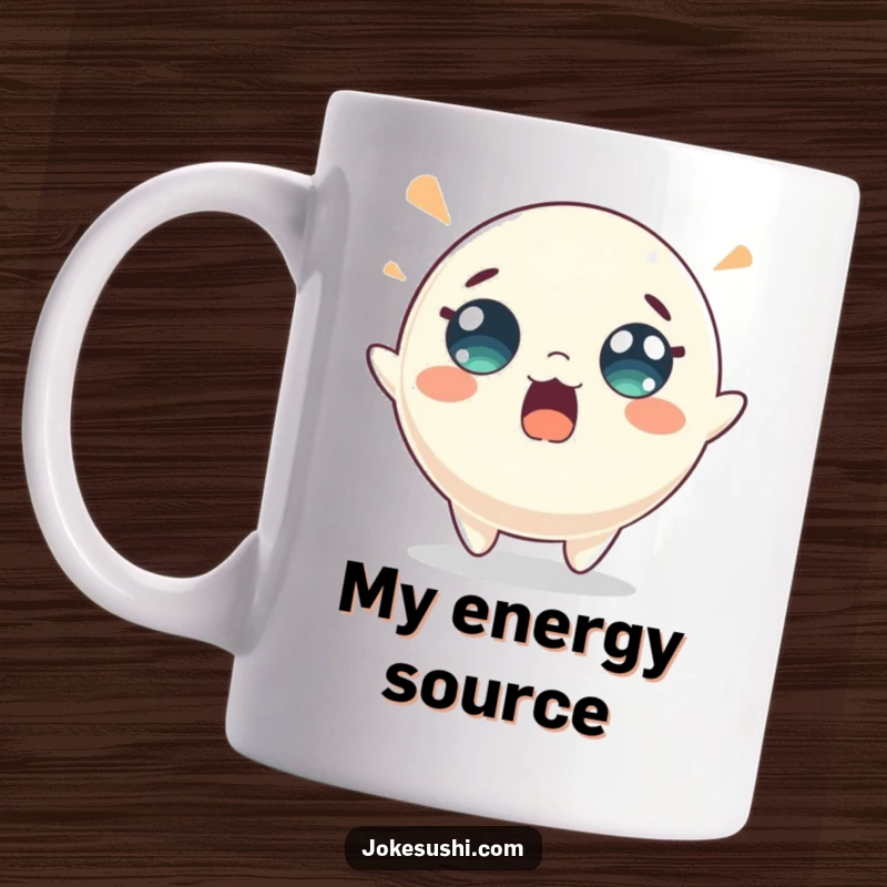 Funny mochi mug character with wide eyes, energetically bouncing with surprise. A vibrant and humorous drinkware choice.