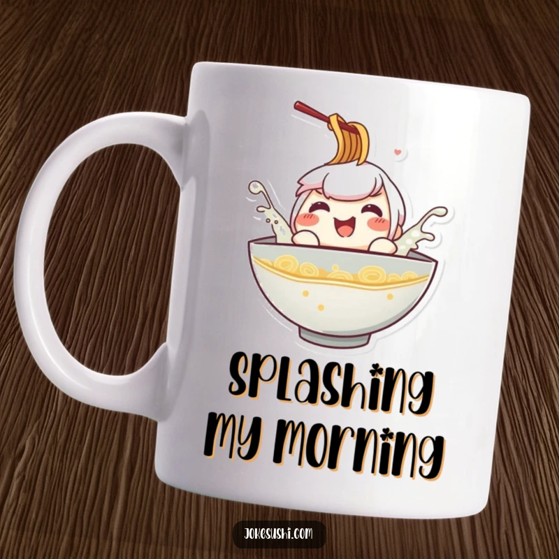 Funny ramen bowl mug, a smiling character joyfully splashing in its broth, full of playful energy.