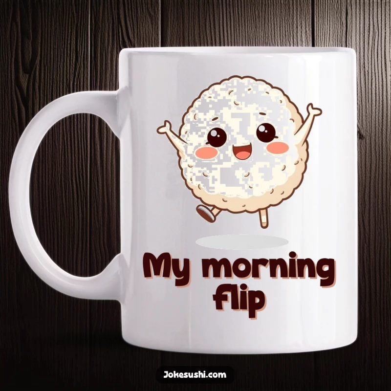 Funny mug featuring a smiling rice ball character doing an energetic cartwheel, radiating pure joy and playful silliness for a laugh.