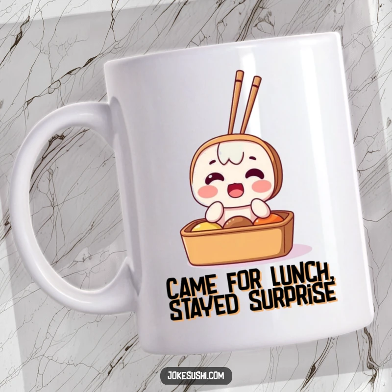 Funny mug depicting a bento box character with wide, surprised eyes and chopsticks comically sticking out, evoking shock and humor.