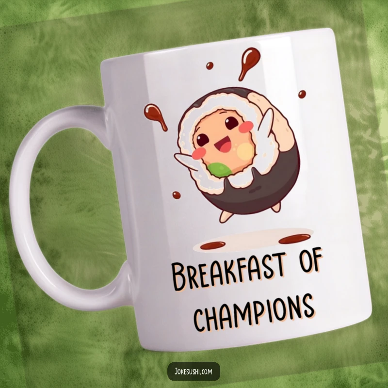 Funny Mug: Plump sushi roll character performing a cartwheel with soy sauce dramatically splashing around, full of energetic fun.