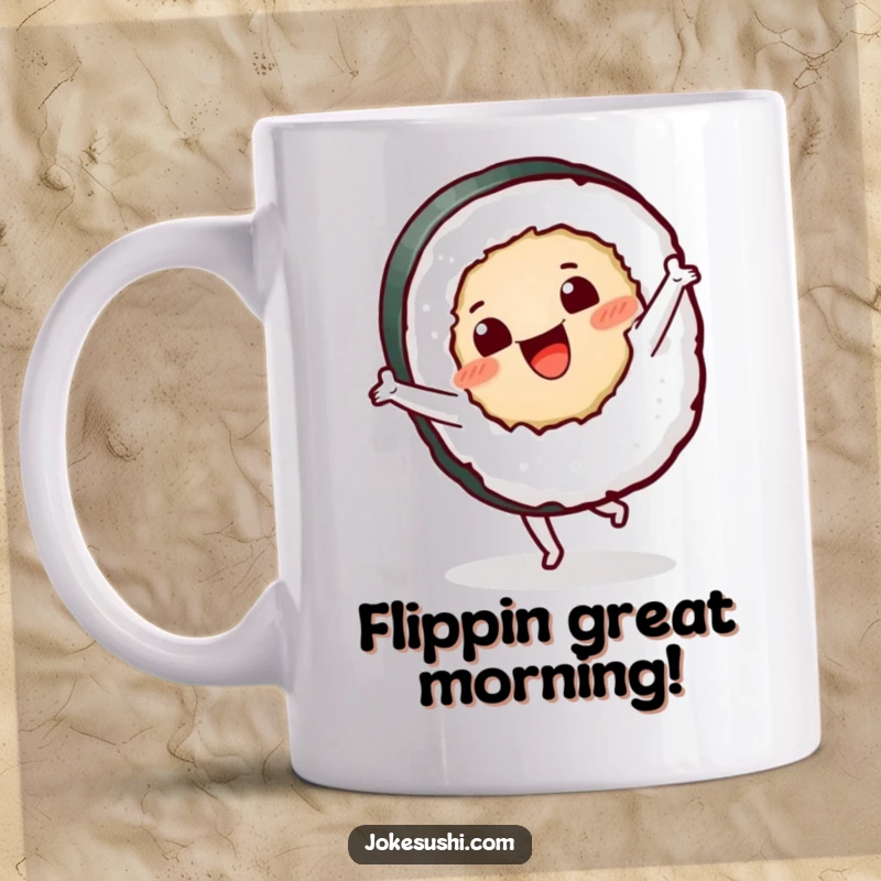 Funny sushi roll mug featuring a joyful character doing a cartwheel with energy, a hilarious gift for food enthusiasts.