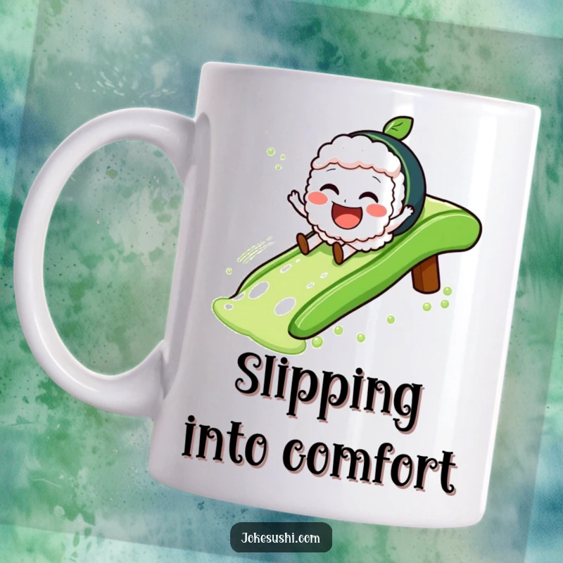 Funny Mug with a jovial sushi character sliding gleefully down a green tea slide, perfect for sushi fans.