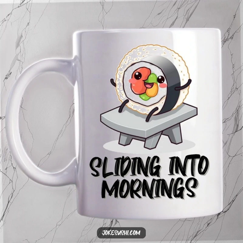Funny mug depicting a round sushi roll character with legs, gleefully sliding down a slippery ramp with a joyful expression.