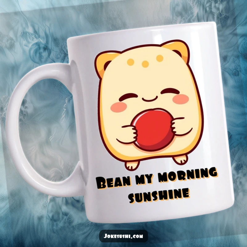 Funny mug showcasing a cheerful taiyaki character winking playfully while holding a single red bean, radiating warmth and fun.