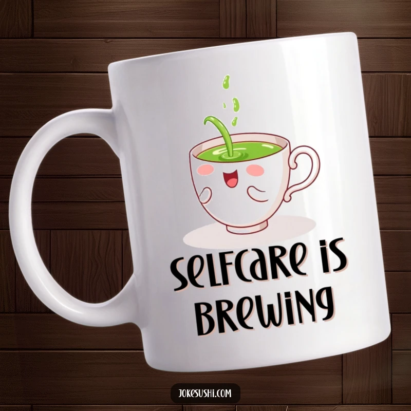 Funny mug shows a giggling tea cup character hilariously pouring green tea all over itself with a joyful expression.