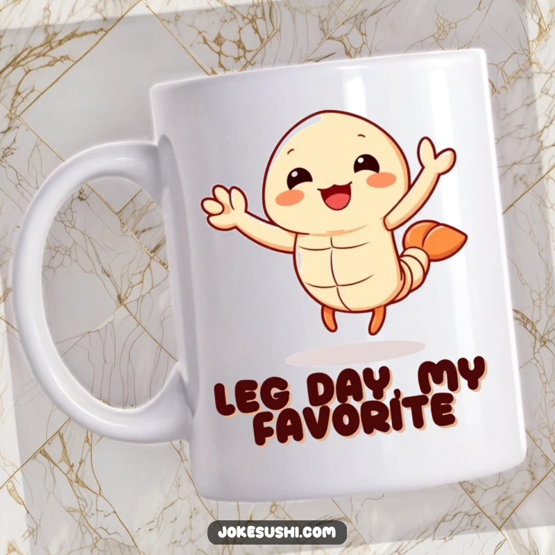 Funny tempura shrimp mug with a cheerful character waving its legs joyfully, bringing a smile to your face and a laugh to your day.