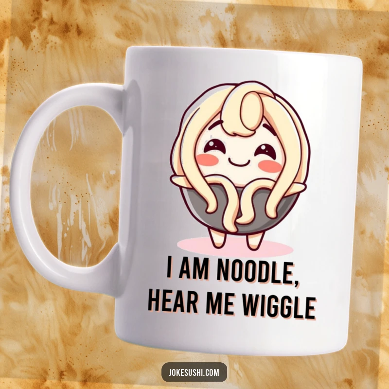 Funny mug showcasing a delighted udon noodle character joyfully wiggling with pure, unadulterated glee, radiating happiness and fun.