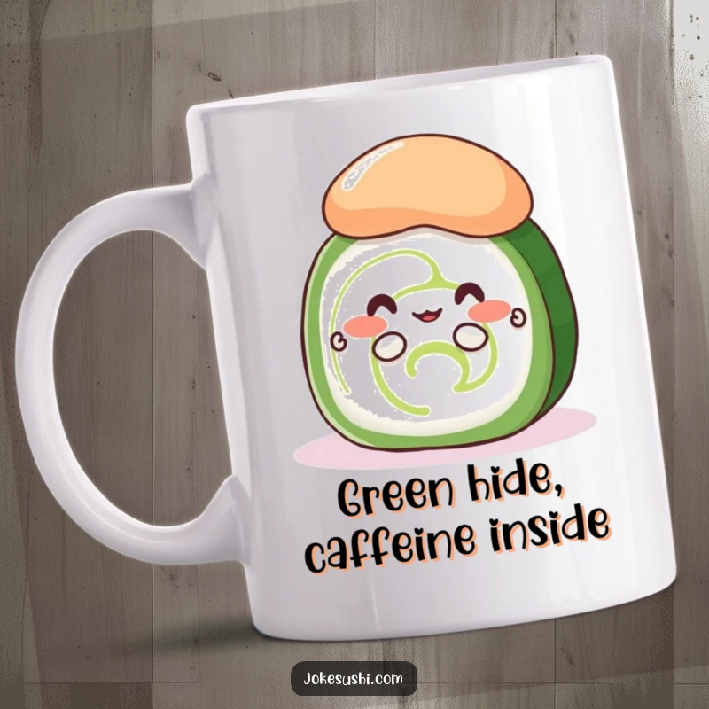 Funny shy cucumber roll mug with tiny hands peeking from behind a large dollop of wasabi, a cute sushi design.