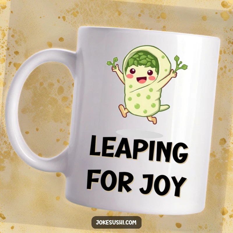 Funny seaweed wrap mug showing a peppy character in a leaping pose, a humorous foodie gift.