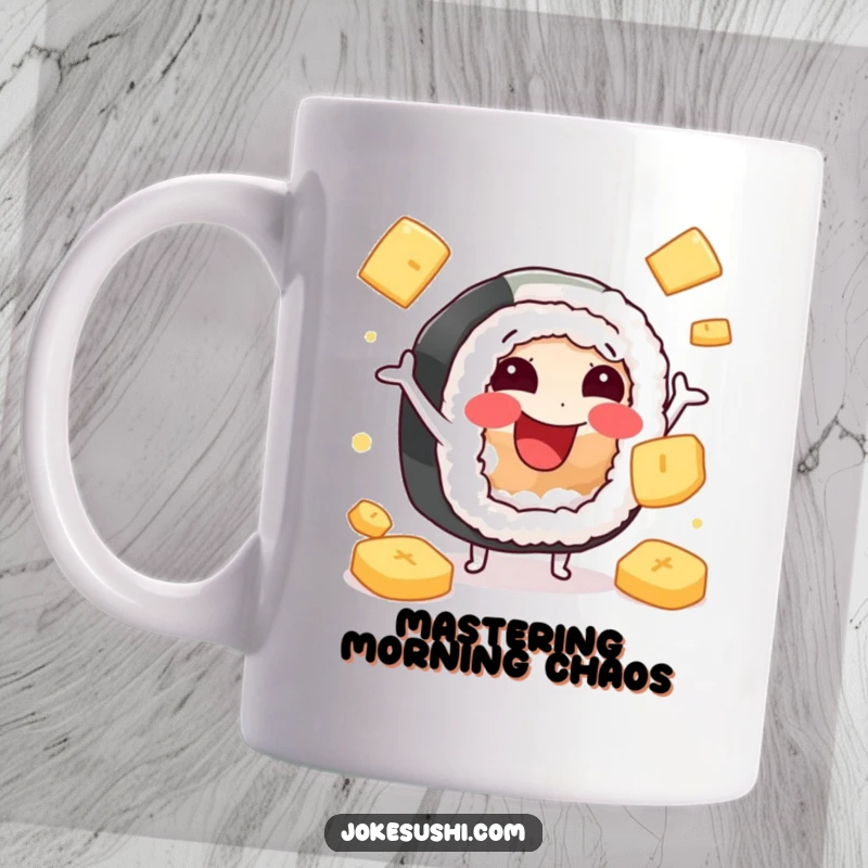 Funny mug featuring a cheerful sushi roll character expertly juggling slices of pickled ginger with a smile.