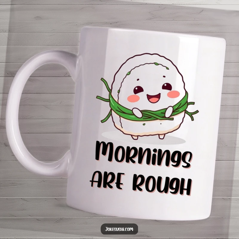 Funny Mug: Smiling onigiri character comically tripping over its own seaweed belt, a moment of endearing clumsiness.